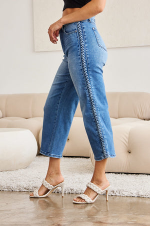 Judy Blue Full Size Braid Side Detail Wide Leg Jeans Trendsi