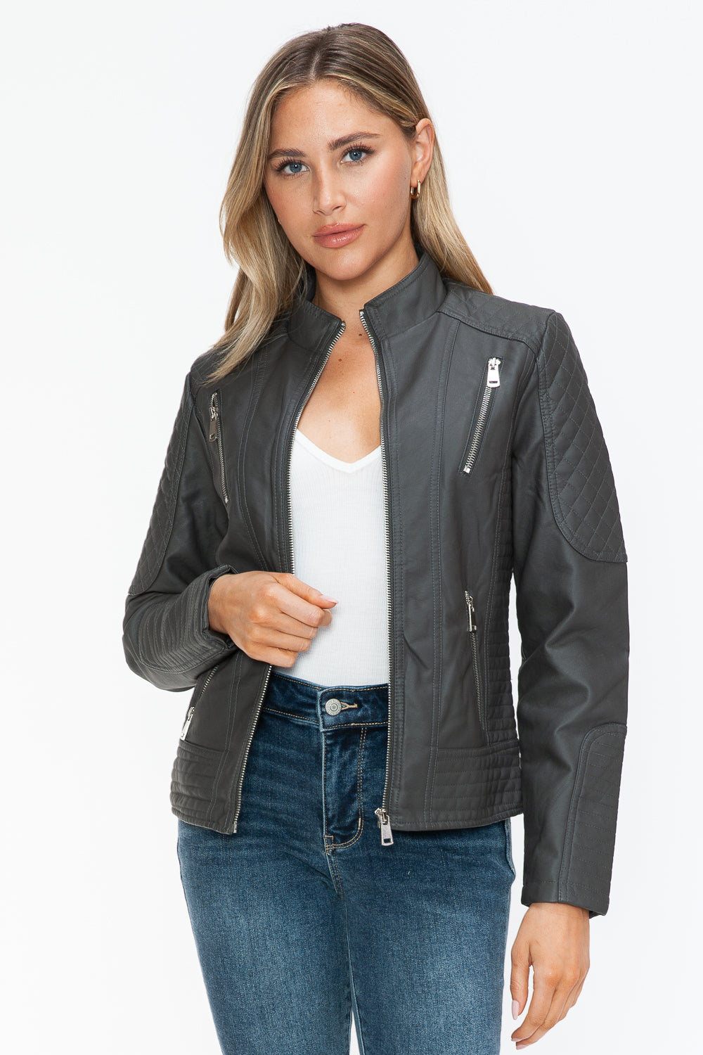 Snobbish Faux Leather Zip Up Mock Neck Jacket - All Mine Now Clothing