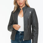 Snobbish Faux Leather Zip Up Mock Neck Jacket - All Mine Now Clothing