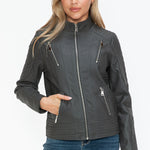 Snobbish Faux Leather Zip Up Mock Neck Jacket - All Mine Now Clothing