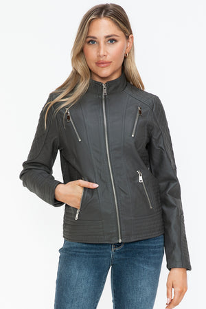 Snobbish Faux Leather Zip Up Mock Neck Jacket - All Mine Now Clothing