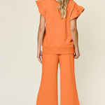 Double Take Texture Ruffle Short Sleeve Top and Drawstring Wide Leg Pants Set - All Mine Now Clothing