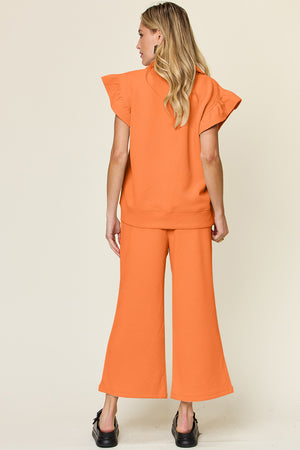 Double Take Texture Ruffle Short Sleeve Top and Drawstring Wide Leg Pants Set - All Mine Now Clothing