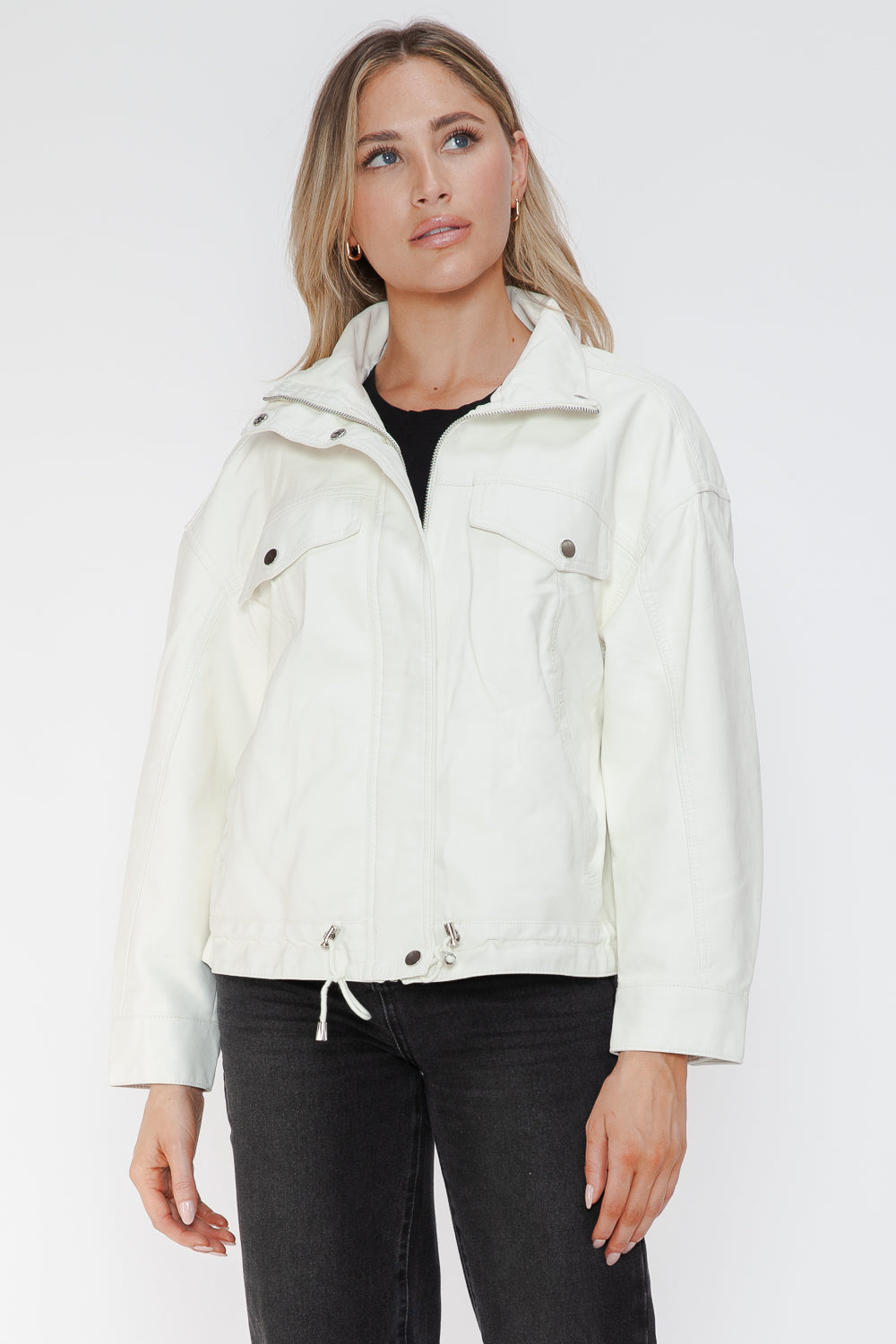 How Dare U Drawstring Hem PU Leather Zip Up Jacket - All Mine Now Clothing