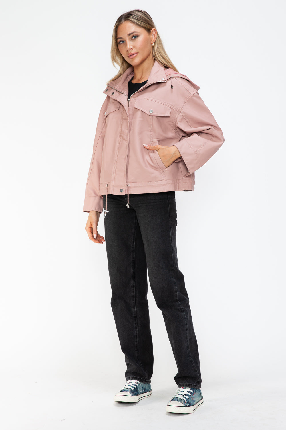 How Dare U Drawstring Hem PU Leather Zip Up Jacket - All Mine Now Clothing