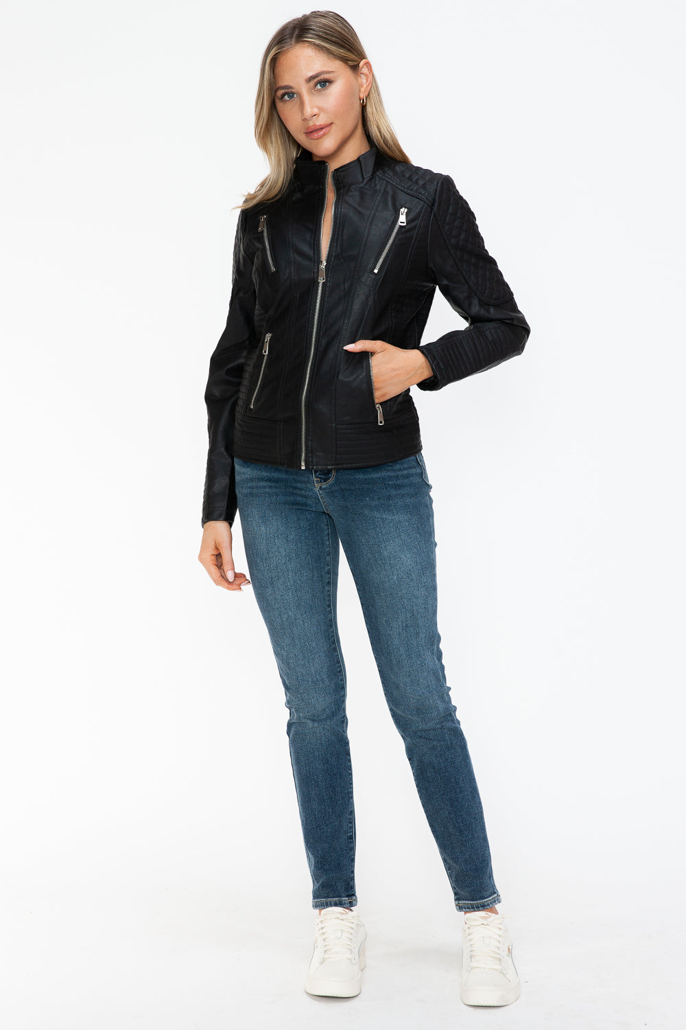 Snobbish Faux Leather Zip Up Mock Neck Jacket - All Mine Now Clothing