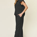 Double Take Texture Ruffle Short Sleeve Top and Drawstring Wide Leg Pants Set - All Mine Now Clothing