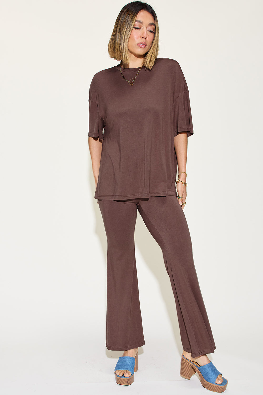 Basic Bae Full Size Bamboo Drop Shoulder T-Shirt and Flare Pants Set - All Mine Now Clothing