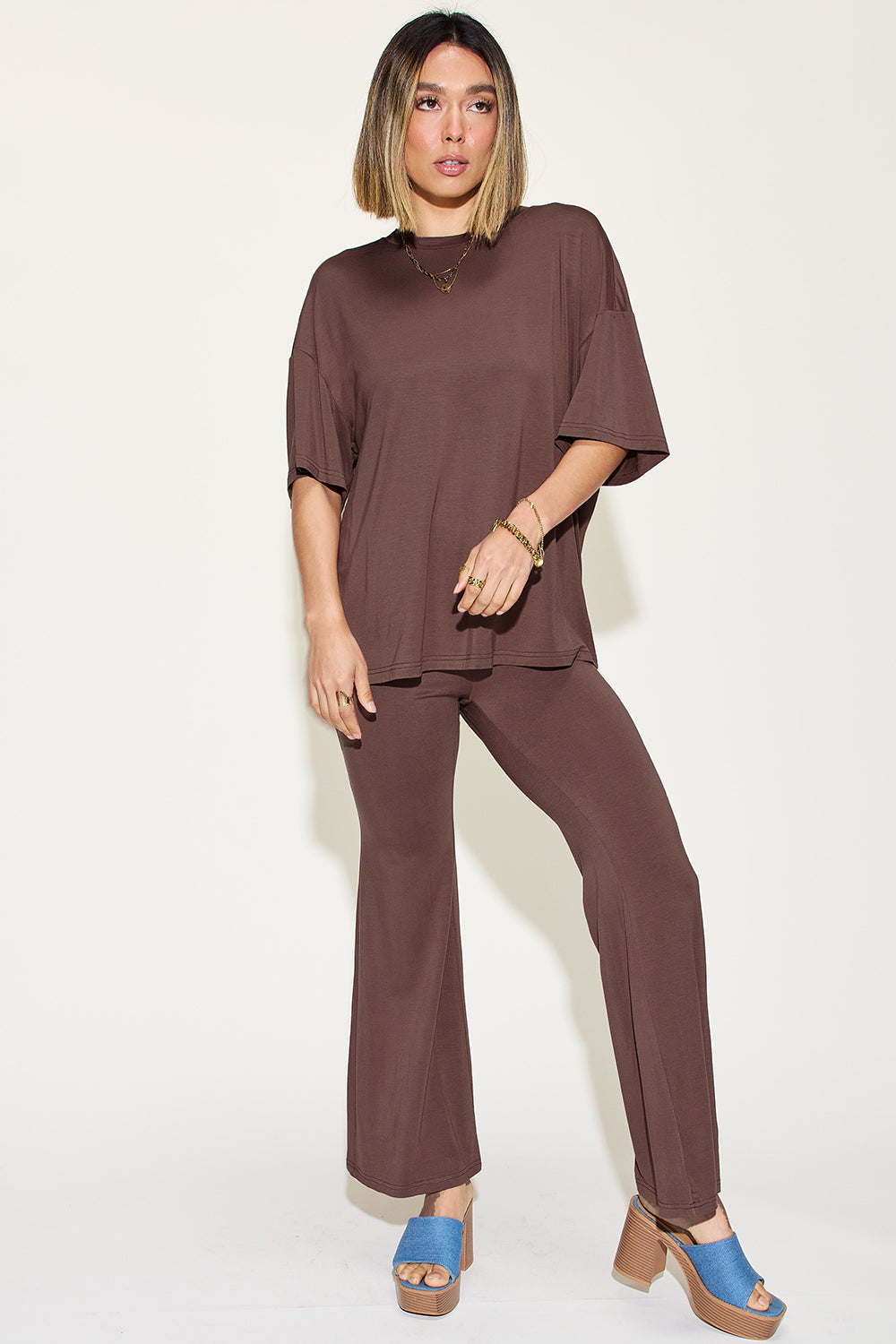 Basic Bae Full Size Bamboo Drop Shoulder T-Shirt and Flare Pants Set - All Mine Now Clothing