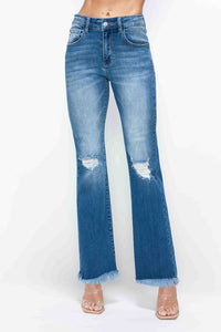 bytos Full Size Raw Hem Distressed High Rise Bootcut Jeans Trendsi