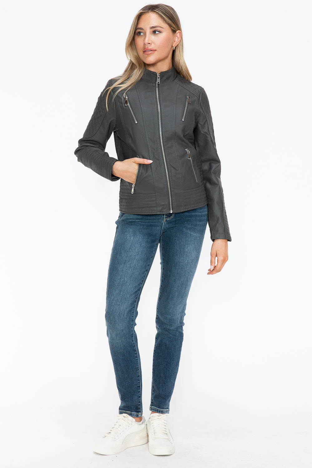 Snobbish Faux Leather Zip Up Mock Neck Jacket - All Mine Now Clothing