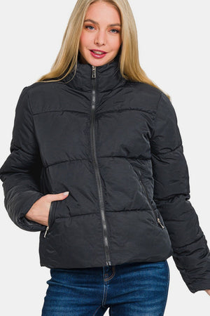 Zenana Zip Up Turtleneck Puffer Jacket with Pockets - All Mine Now Clothing