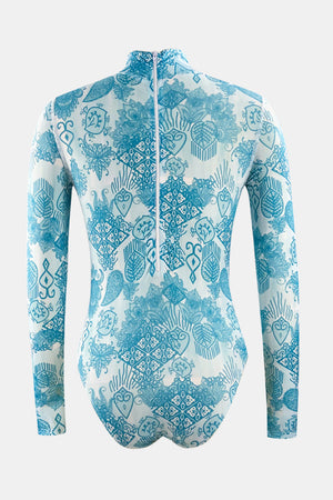 Printed Mock Neck Long Sleeve One-Piece Swimwear - All Mine Now Clothing