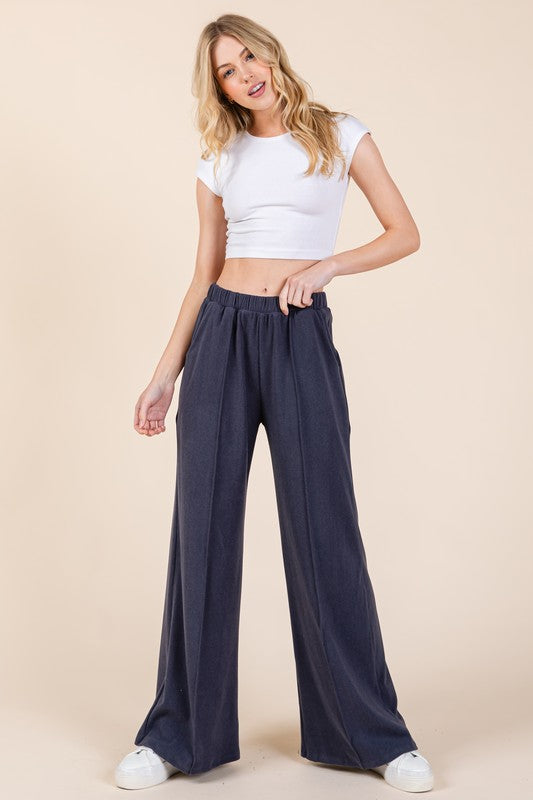 BOMBOM Elastic Waist Wide Leg Pants with Pockets - All Mine Now Clothing