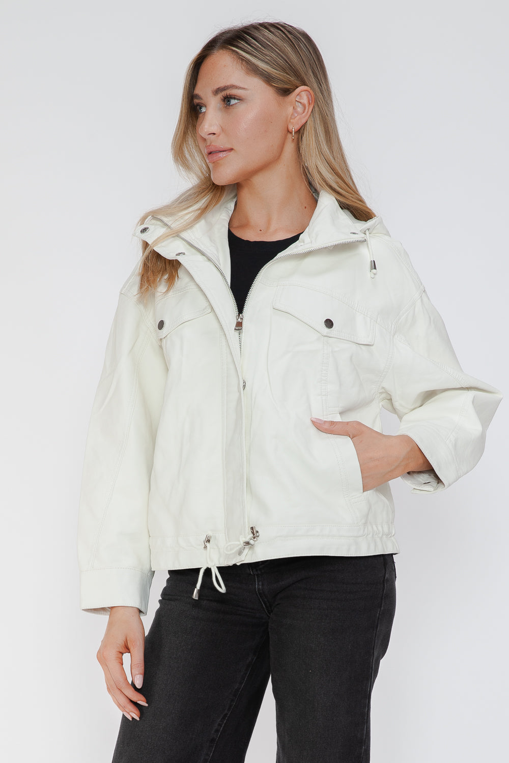 How Dare U Drawstring Hem PU Leather Zip Up Jacket - All Mine Now Clothing