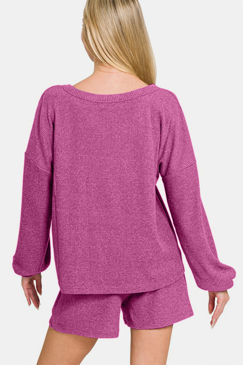 Zenana V-Neck Long Sleeve Ribbed Top and Shorts Set - All Mine Now Clothing