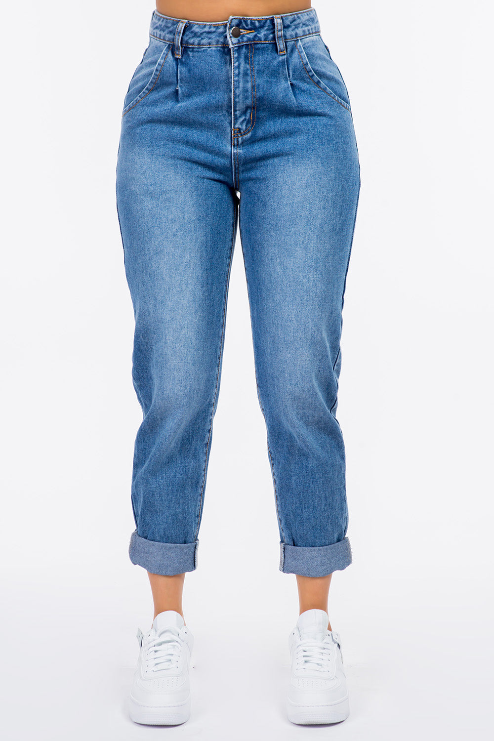 American Bazi High Waist Pleated Waist Mom Jeans Trendsi