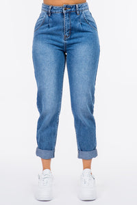 American Bazi High Waist Pleated Waist Mom Jeans Trendsi