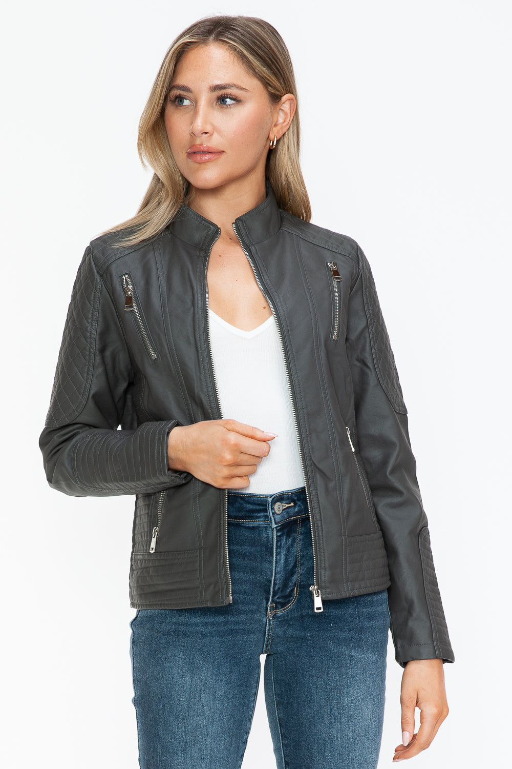 Snobbish Faux Leather Zip Up Mock Neck Jacket - All Mine Now Clothing