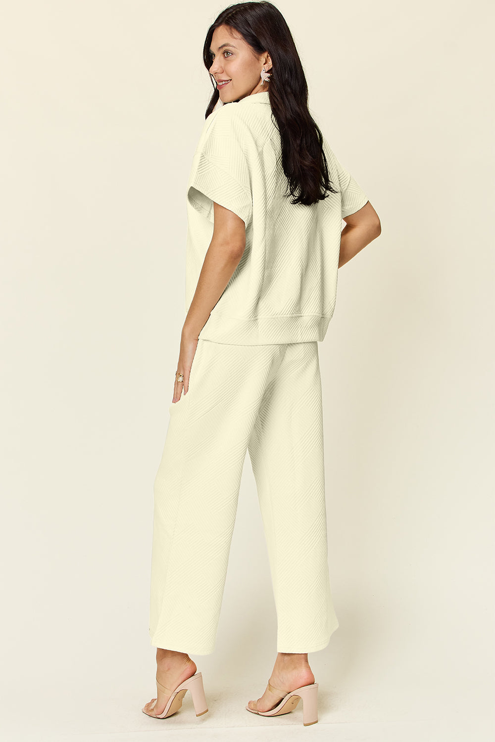 Double Take Full Size Texture Half Zip Short Sleeve Top and Pants Set - All Mine Now Clothing