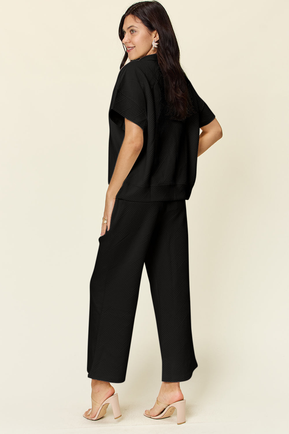 Double Take Full Size Texture Half Zip Short Sleeve Top and Pants Set - All Mine Now Clothing