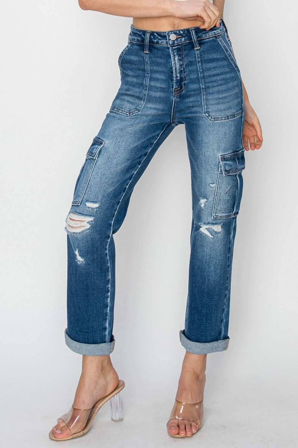 RISEN Full Size High Rise Cargo Ankle Roll Up Straight Jeans - All Mine Now Clothing