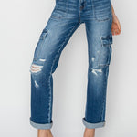 RISEN Full Size High Rise Cargo Ankle Roll Up Straight Jeans - All Mine Now Clothing