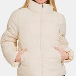 Zenana Zip Up Turtleneck Puffer Jacket with Pockets Trendsi