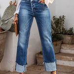 Stepped Waist Raw Hem Rolled Straight Jeans - All Mine Now Clothing