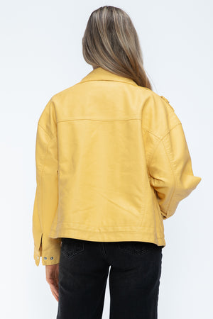 How Dare U Drawstring Hem PU Leather Zip Up Jacket - All Mine Now Clothing