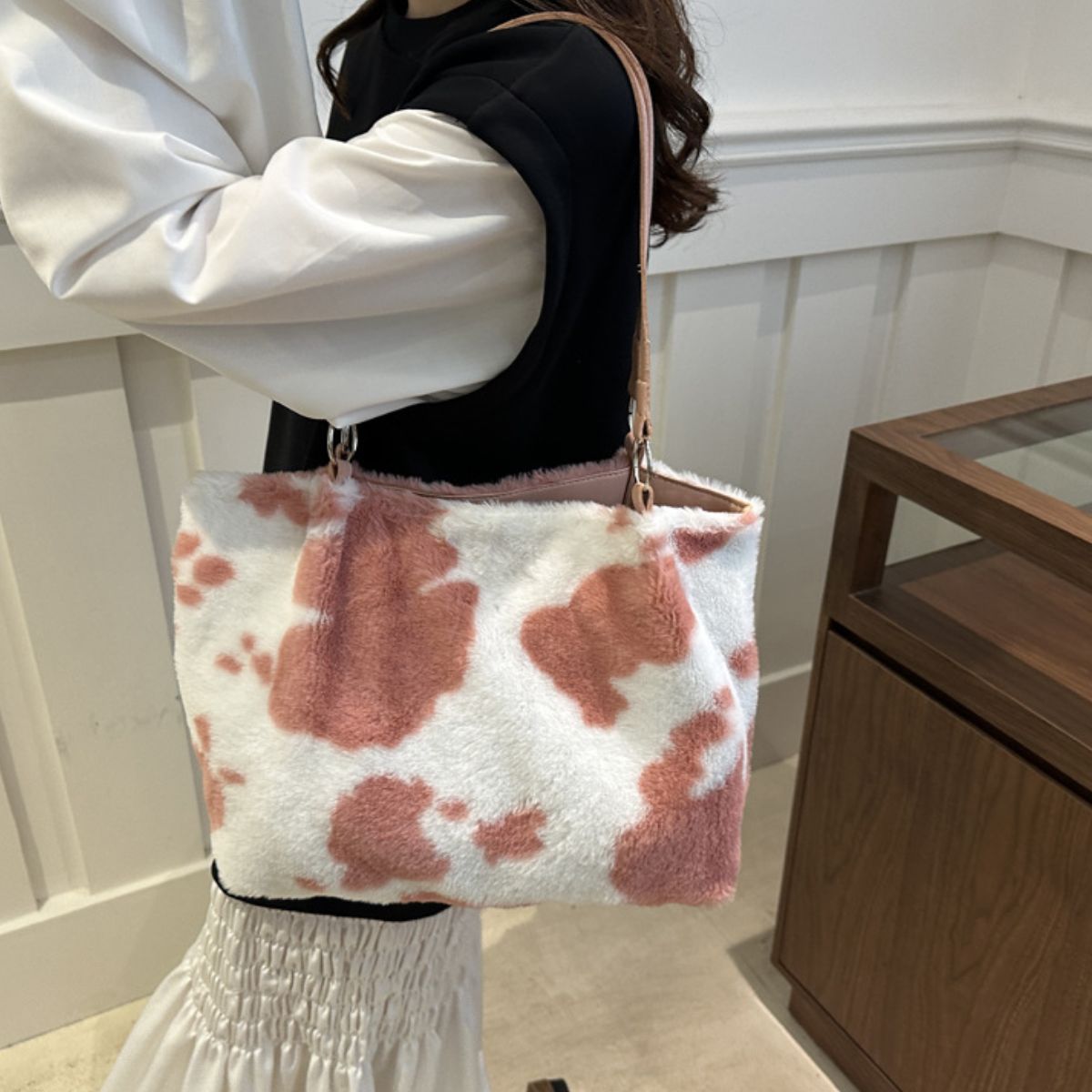 Cow Print Furry Tote Bag - All Mine Now Clothing