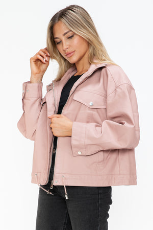 How Dare U Drawstring Hem PU Leather Zip Up Jacket - All Mine Now Clothing