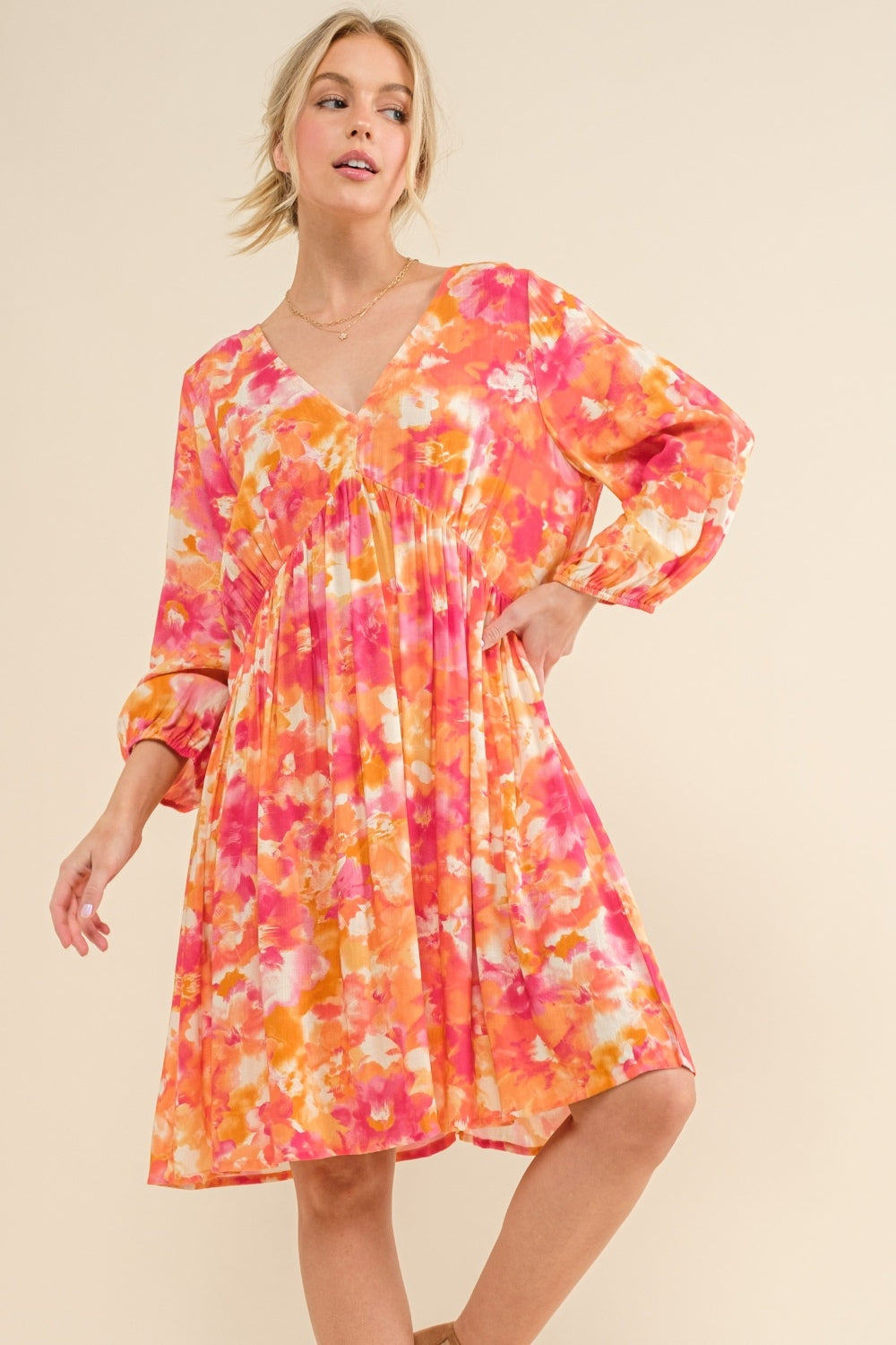 And The Why Full Size Printed Tie Back Long Sleeve Dress - All Mine Now Clothing