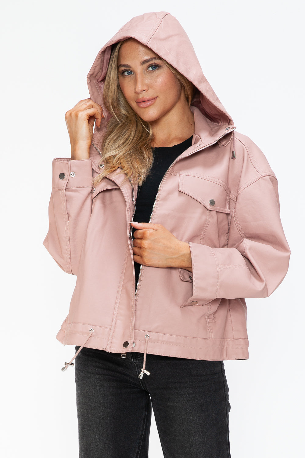 How Dare U Drawstring Hem PU Leather Zip Up Jacket - All Mine Now Clothing