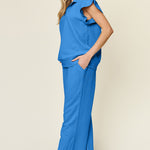 Double Take Texture Ruffle Short Sleeve Top and Drawstring Wide Leg Pants Set - All Mine Now Clothing