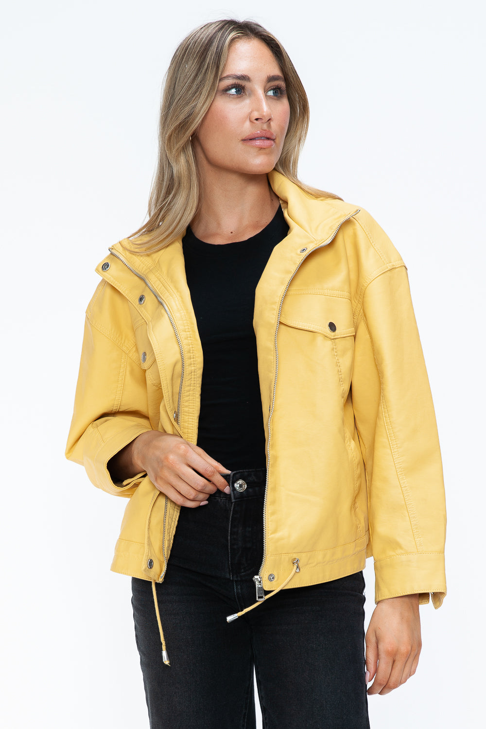 How Dare U Drawstring Hem PU Leather Zip Up Jacket - All Mine Now Clothing