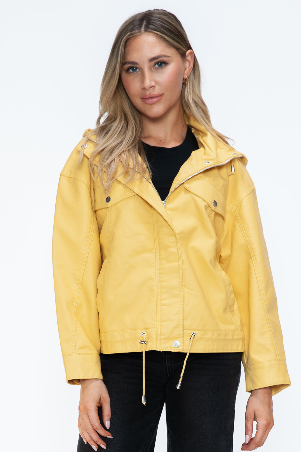 How Dare U Drawstring Hem PU Leather Zip Up Jacket - All Mine Now Clothing