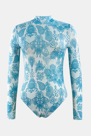 Printed Mock Neck Long Sleeve One-Piece Swimwear - All Mine Now Clothing