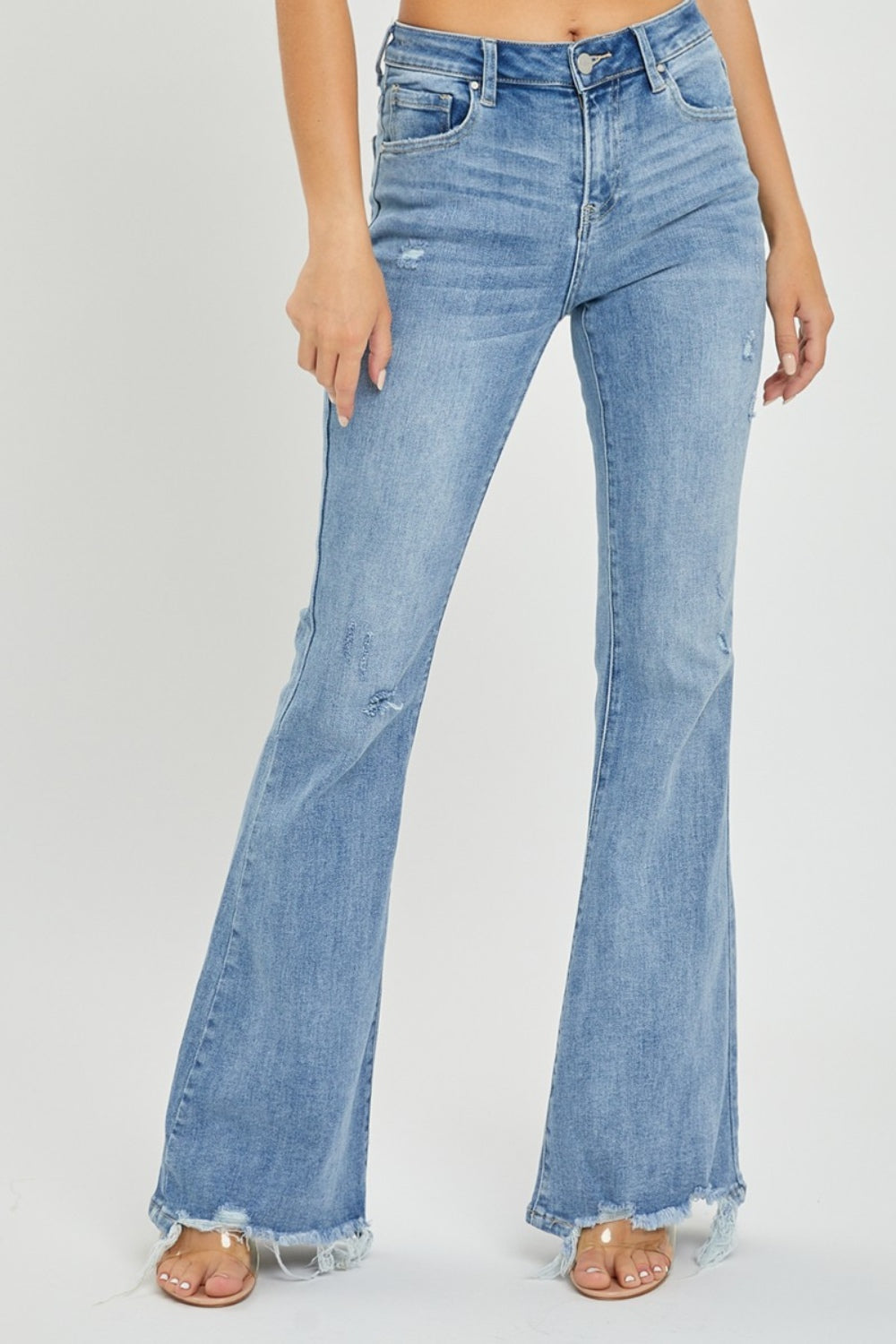 Risen Full Size High Rise Frayed Hem Flare Jeans - All Mine Now Clothing