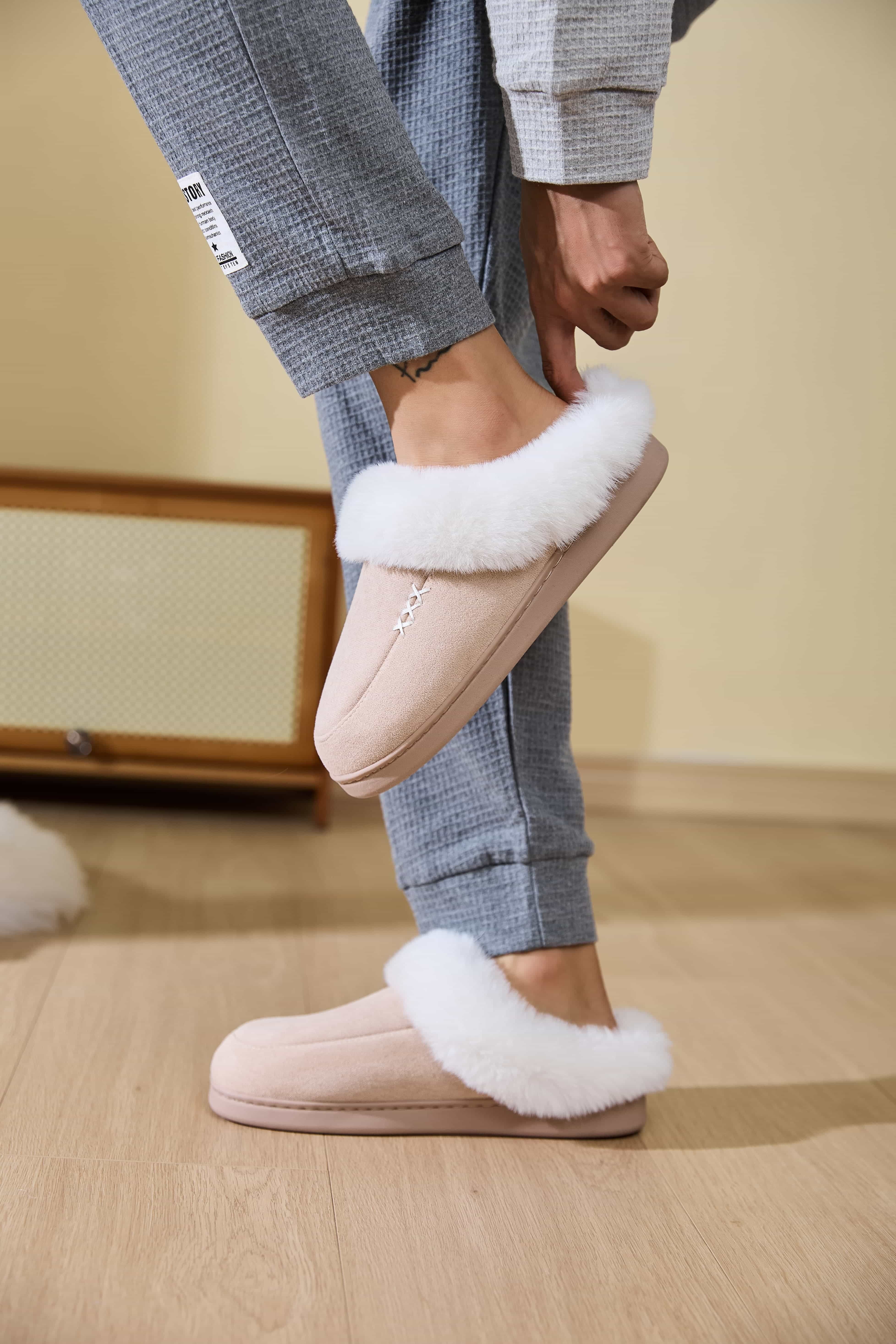 Fluff Trim Round Toe Flat Slippers - All Mine Now Clothing