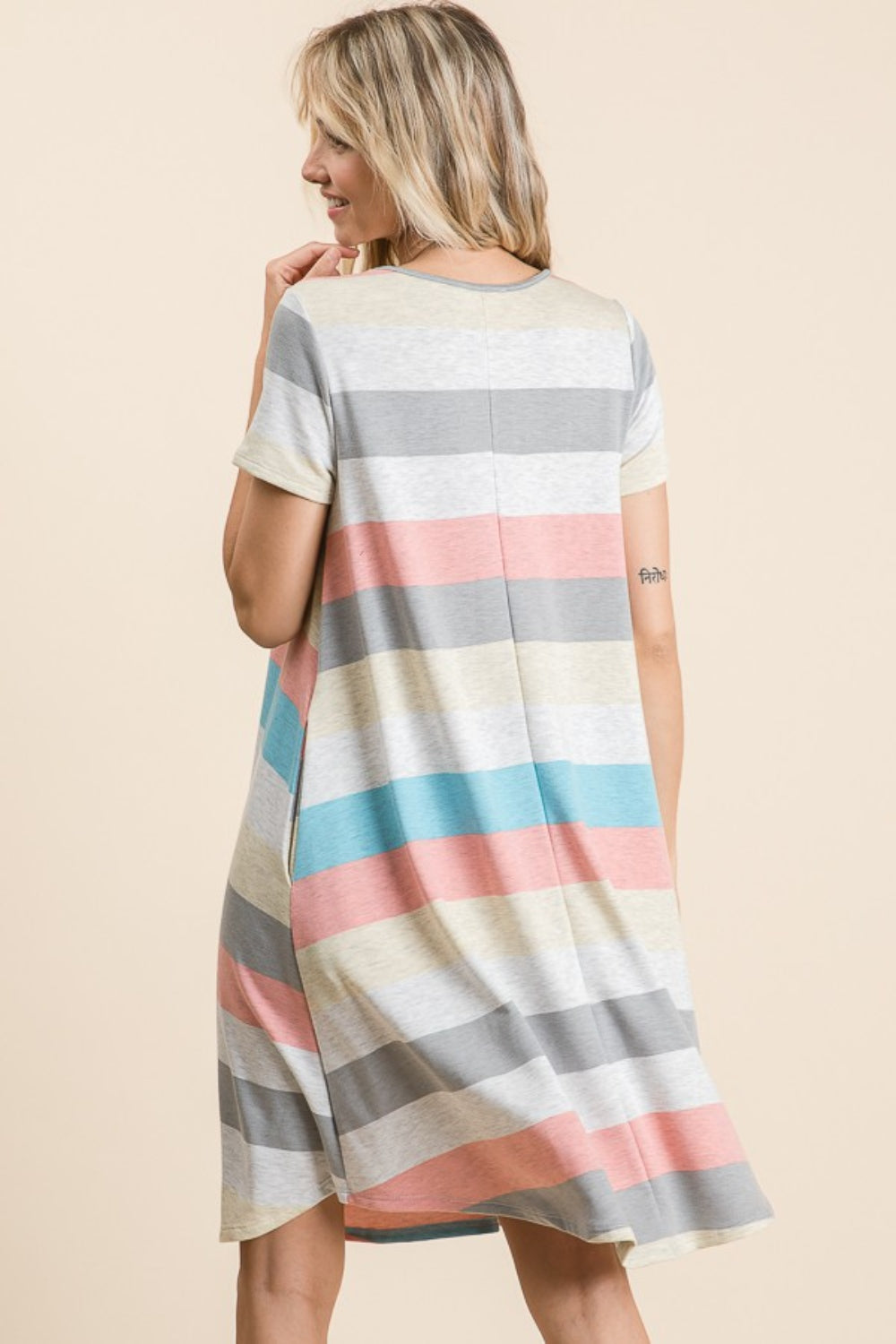 BOMBOM Striped Short Sleeve Dress with Pockets - All Mine Now Clothing