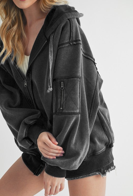 Aemi+Co Exposed Seam Zip Up Drawstring Hooded Jacket Trendsi