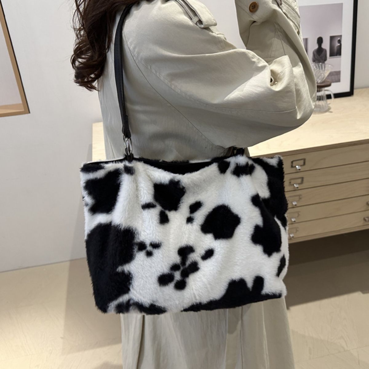 Cow Print Furry Tote Bag - All Mine Now Clothing