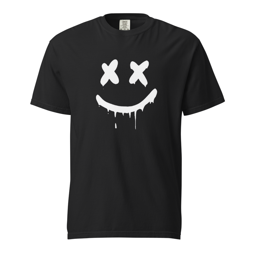 Men's heavyweight t-shirt featuring a spray paint smiley face design, perfect graphic tee with smiley face for casual wear