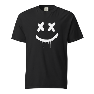 Men's heavyweight t-shirt featuring a spray paint smiley face design, perfect graphic tee with smiley face for casual wear