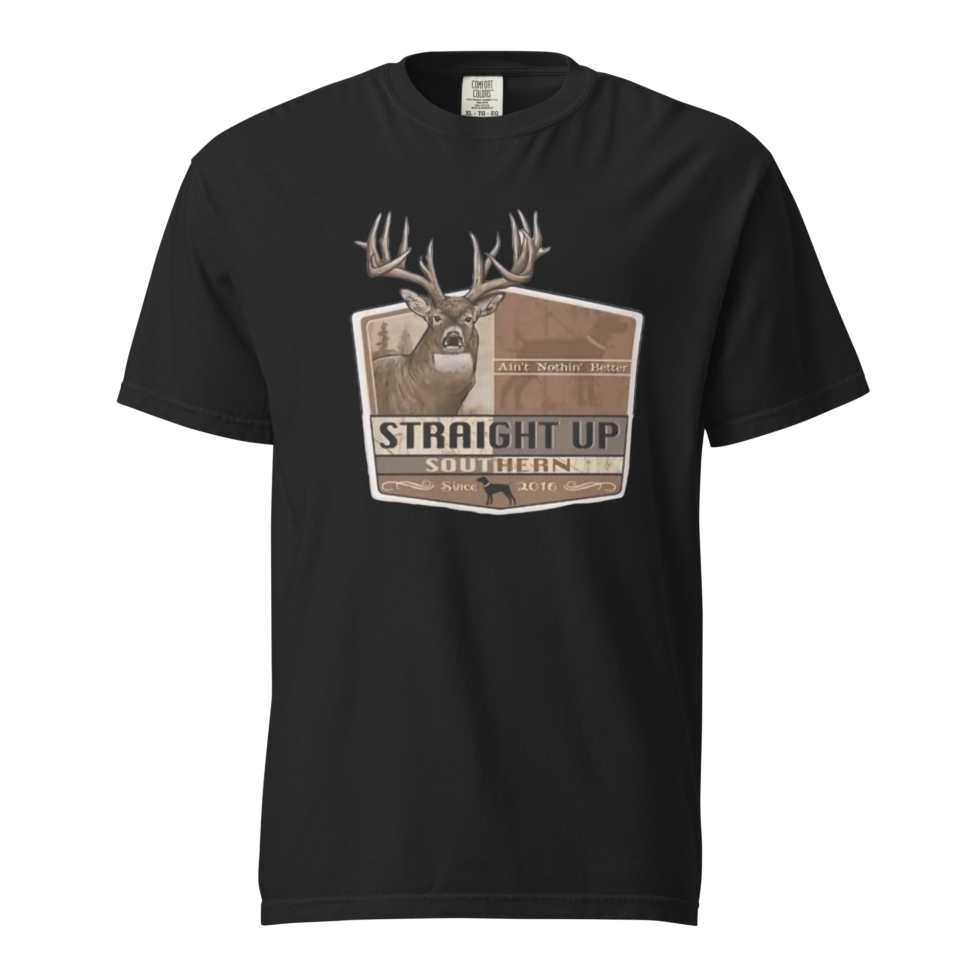 Men's Straight Up Southern tee featuring a deer graphic and vintage style on a heavyweight black t-shirt