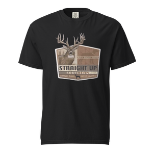 Men's Straight Up Southern tee featuring a deer graphic and vintage style on a heavyweight black t-shirt