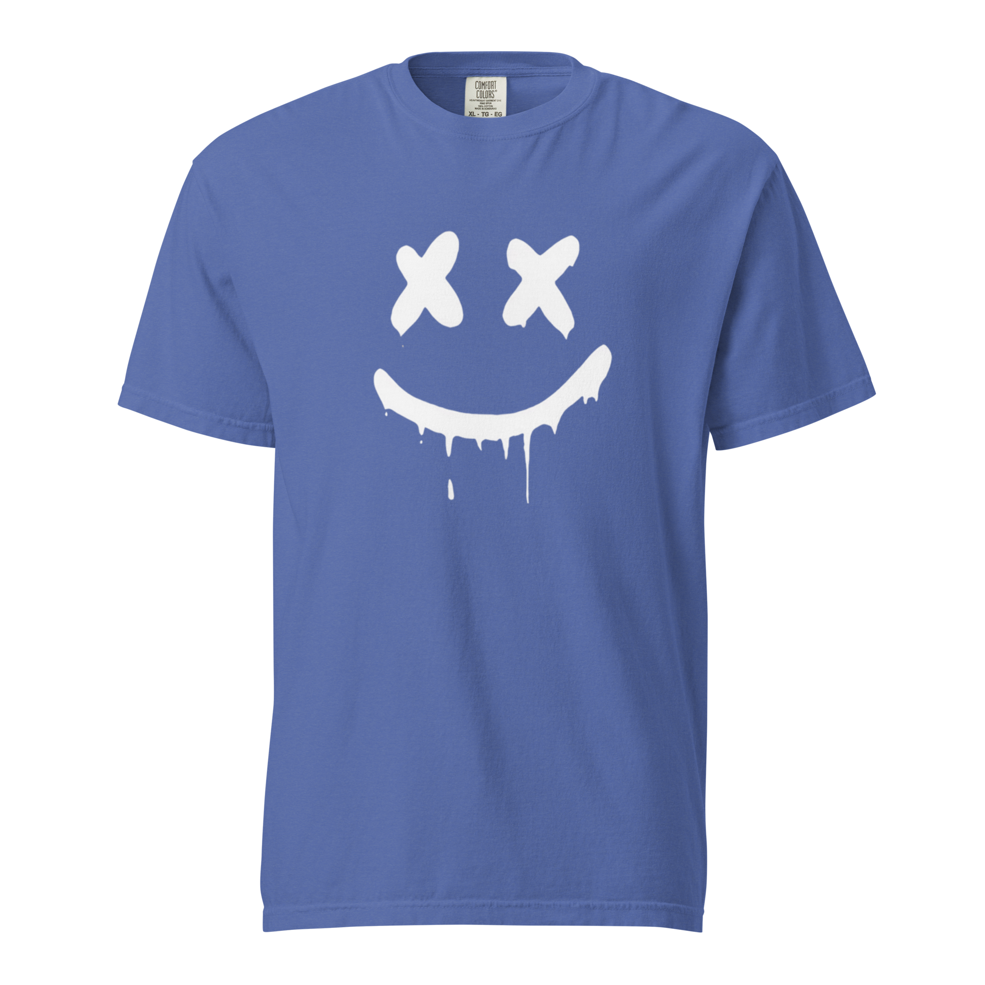 Men's heavyweight t-shirt in blue featuring a graffiti-inspired smiley face design, perfect graphic tee with smiley face