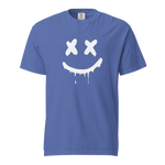 Men's heavyweight t-shirt in blue featuring a graffiti-inspired smiley face design, perfect graphic tee with smiley face