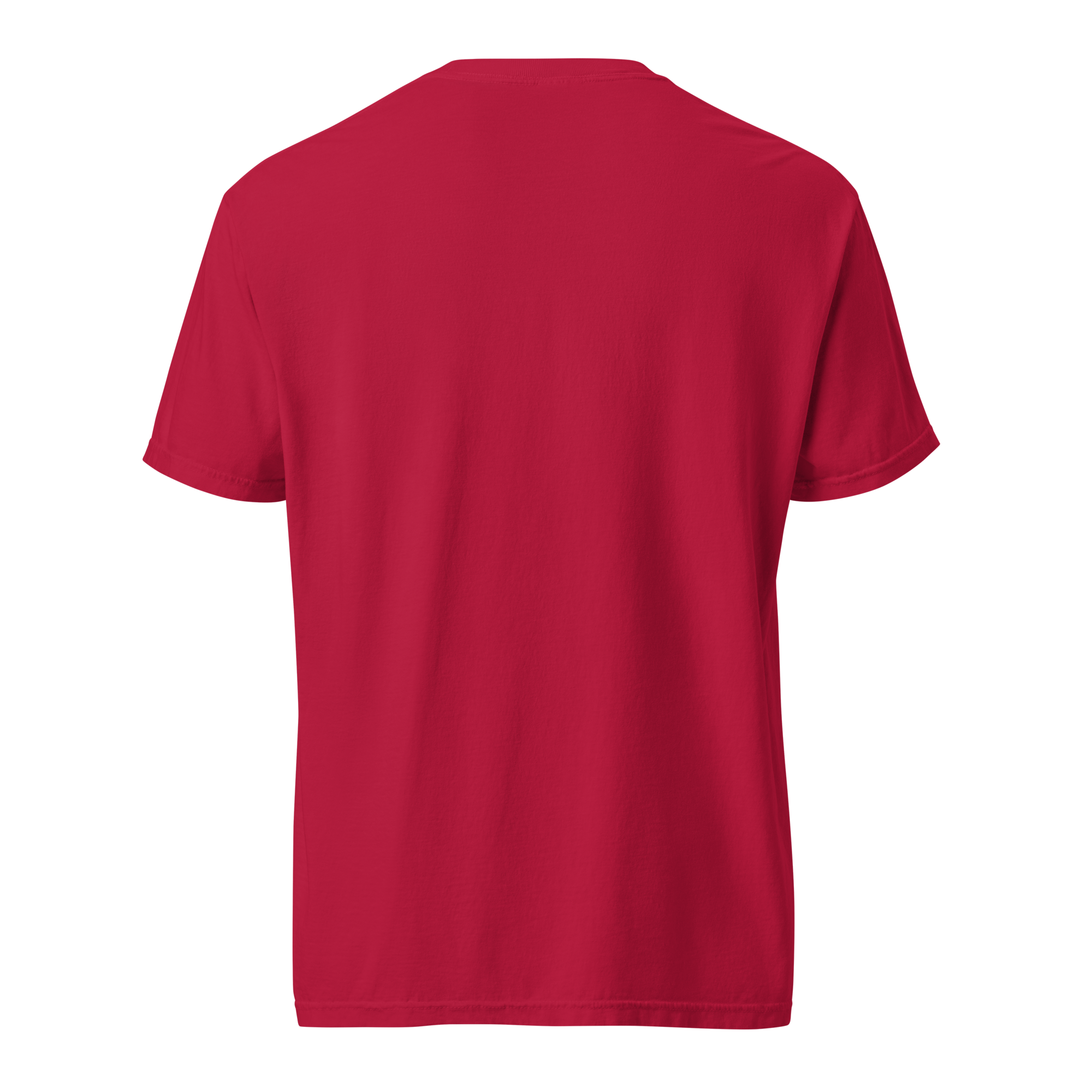 Men's heavyweight red T-shirt featuring a spray paint smiley face design, ideal for casual wear. Graphic tee with smiley face.